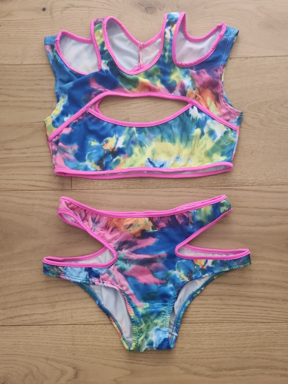 Tie-Dye Cutout Two-Piece Swim Set - Pink Trim